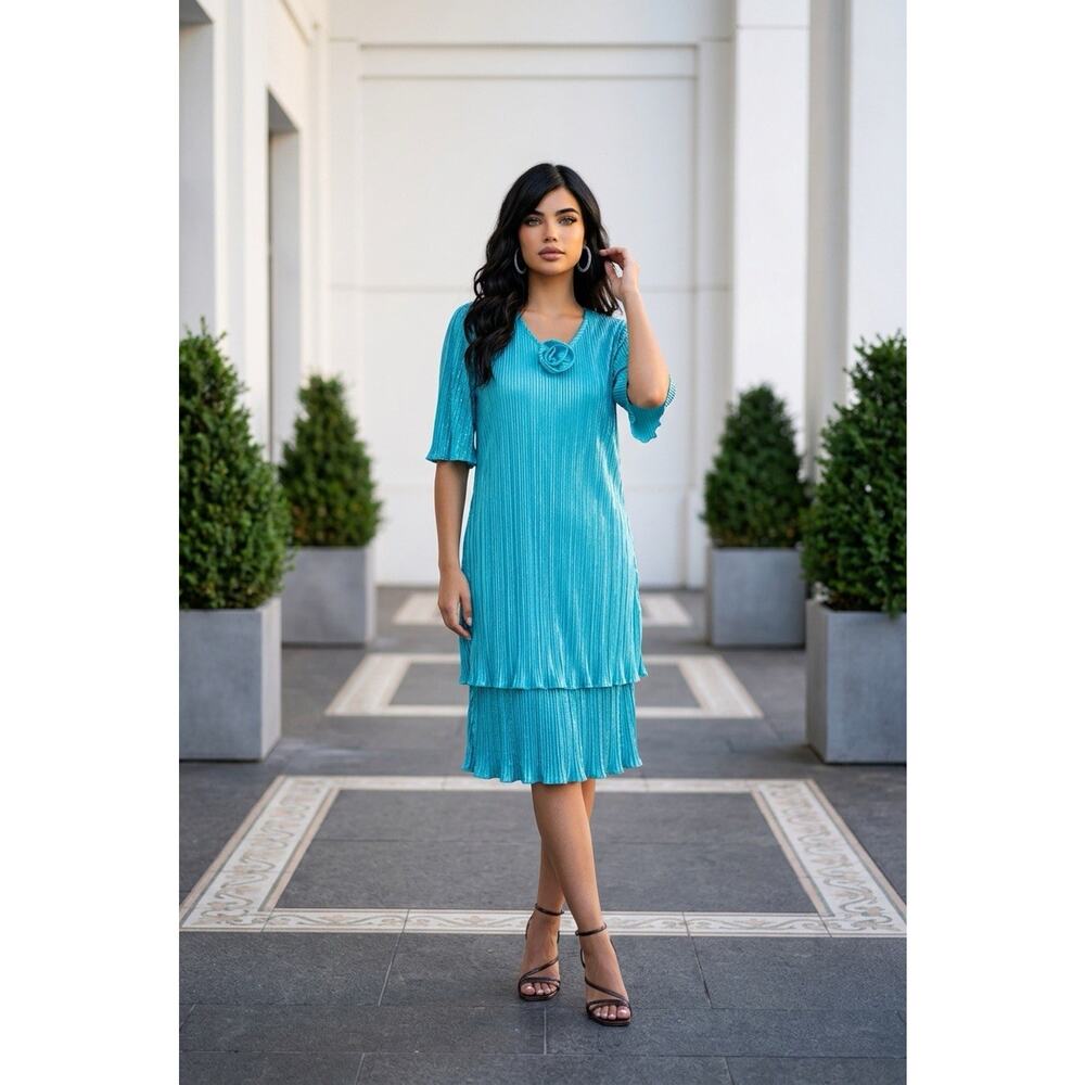 VTG Luda Capitol Teal Plisse Pleated Midi With Rosette Boho Retro Large